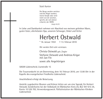 Traueranzeige von Herbert Ostwald von WESTFÄLISCHER ANZEIGER