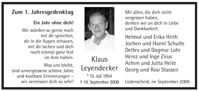  Traueranzeige für Klaus Leyendecker vom 19.09.2009 aus WESTFÄLISCHER ANZEIGER