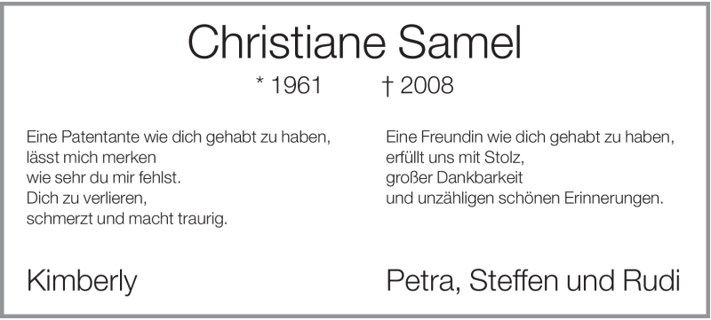 Traueranzeige für Christiane Samel vom 07.11.2008 aus WESTFÄLISCHER ANZEIGER
