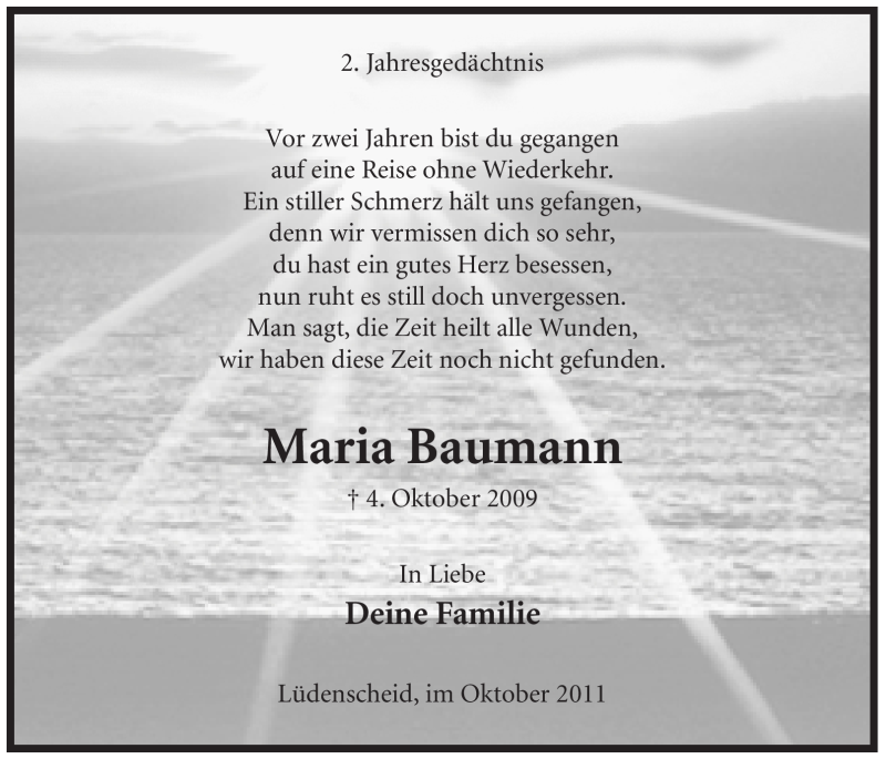  Traueranzeige für Maria Baumann vom 05.10.2011 aus WESTFÄLISCHER ANZEIGER