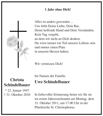 Traueranzeige von Christa Schindelbauer von WESTFÄLISCHER ANZEIGER