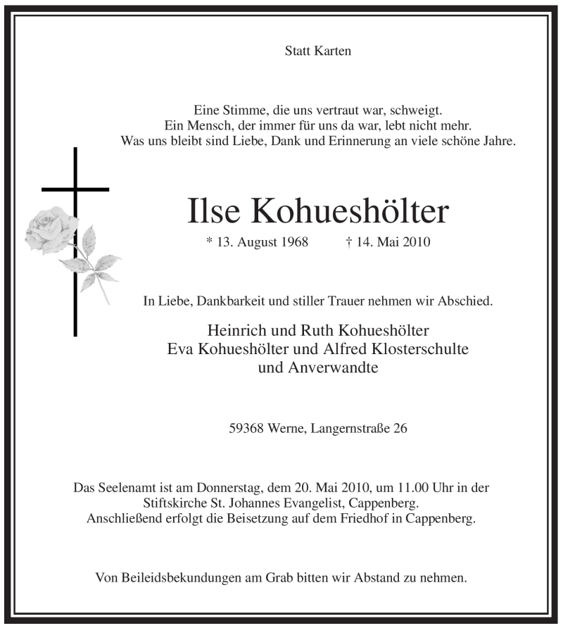  Traueranzeige für Ilse Kohueshölter vom 17.05.2010 aus WESTFÄLISCHER ANZEIGER