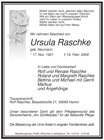 Traueranzeige von Ursula Raschke von WESTFÄLISCHER ANZEIGER