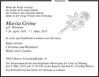 Traueranzeige von Marita Gröne von MZV