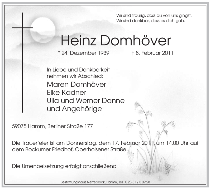  Traueranzeige für Heinz Domhöver vom 12.02.2011 aus WESTFÄLISCHER ANZEIGER