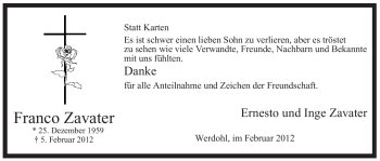 Traueranzeige von Franco Zavater von WESTFÄLISCHER ANZEIGER