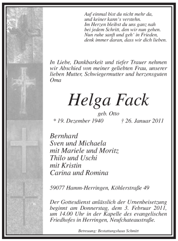 Traueranzeige von Helga Fack von WESTFÄLISCHER ANZEIGER