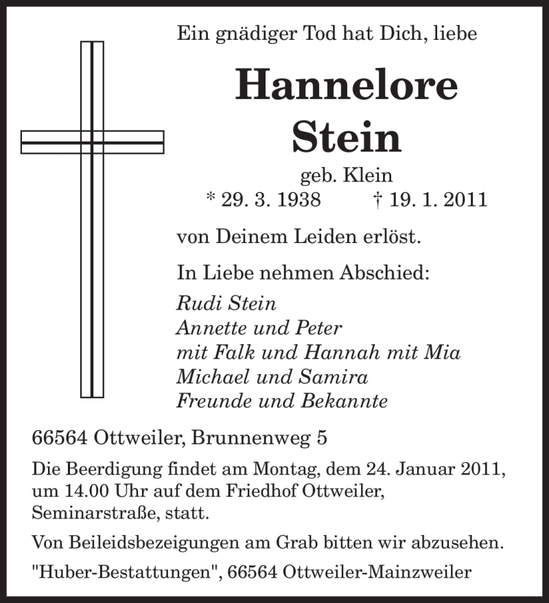  Traueranzeige für Hannelore Stein vom 22.01.2011 aus WESTFÄLISCHER ANZEIGER