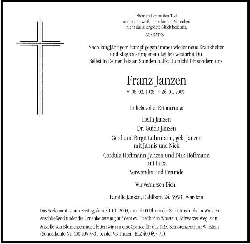  Traueranzeige für Franz Janzen vom 28.01.2009 aus WESTFÄLISCHER ANZEIGER