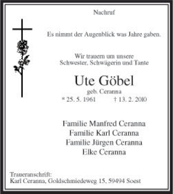 Traueranzeige von Ute Göbel von WESTFÄLISCHER ANZEIGER