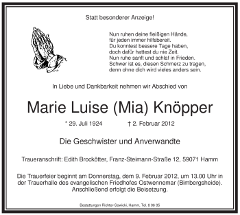 Traueranzeige von Maria Luise Knöpper von WESTFÄLISCHER ANZEIGER