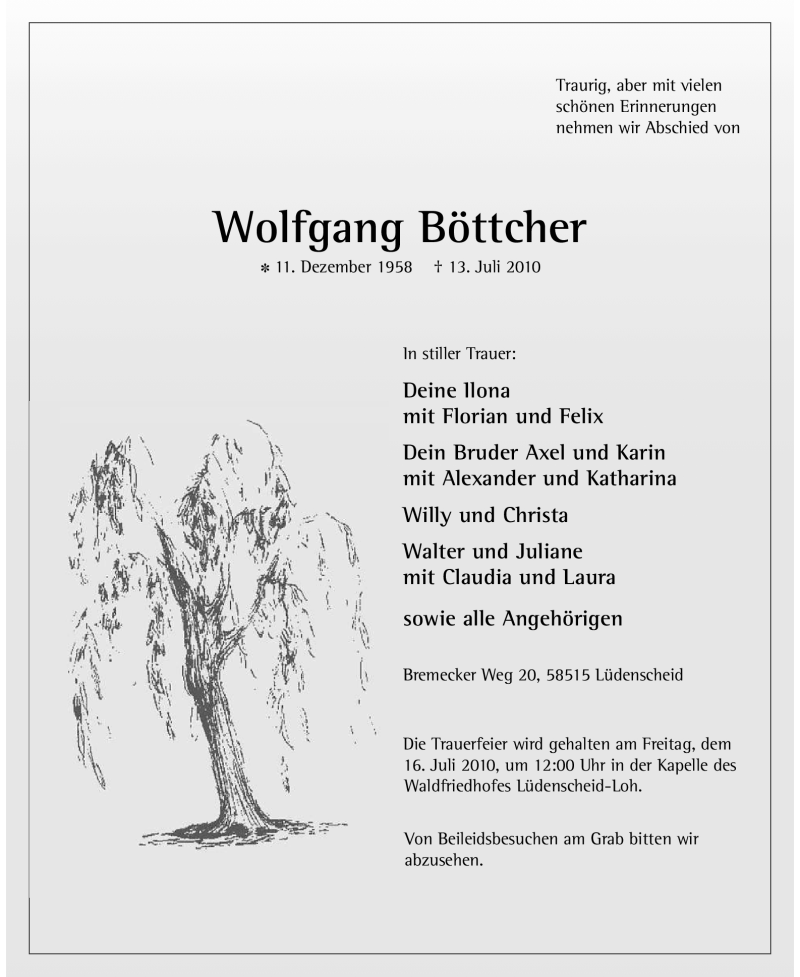  Traueranzeige für Wolfgang Böttcher vom 15.07.2010 aus WESTFÄLISCHER ANZEIGER