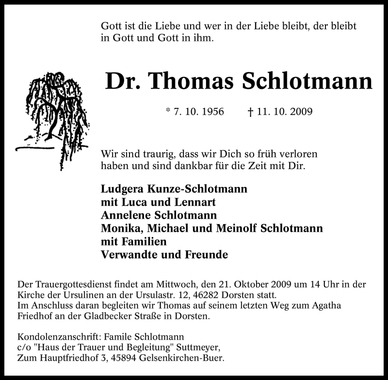  Traueranzeige für Thomas Schlotmann vom 17.10.2009 aus WESTFÄLISCHER ANZEIGER
