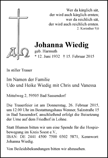 Traueranzeige von Johanna Wiedig von MZV