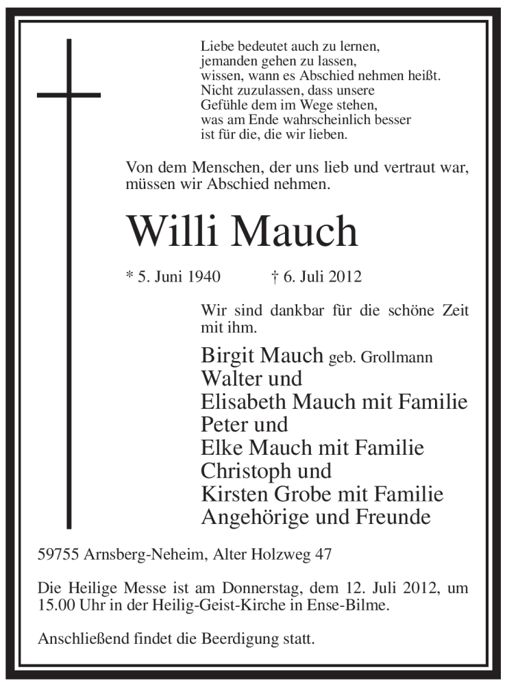 Traueranzeige für Willi Mauch vom 09.07.2012 aus WESTFÄLISCHER ANZEIGER