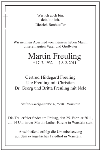 Traueranzeige von Martin Freuling von WESTFÄLISCHER ANZEIGER