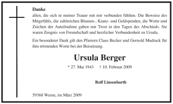 Traueranzeige von Ursula Berger von WESTFÄLISCHER ANZEIGER