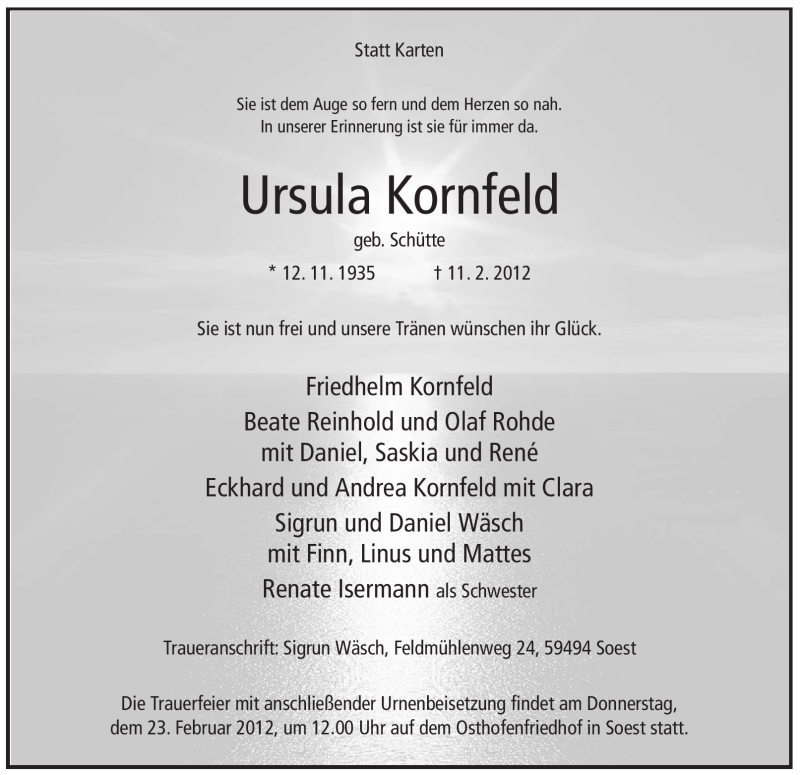  Traueranzeige für Ursula Kornfeld vom 20.02.2012 aus WESTFÄLISCHER ANZEIGER