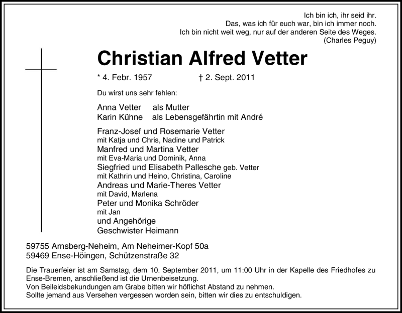  Traueranzeige für Christian Alfred Vetter vom 06.09.2011 aus WESTFÄLISCHER ANZEIGER