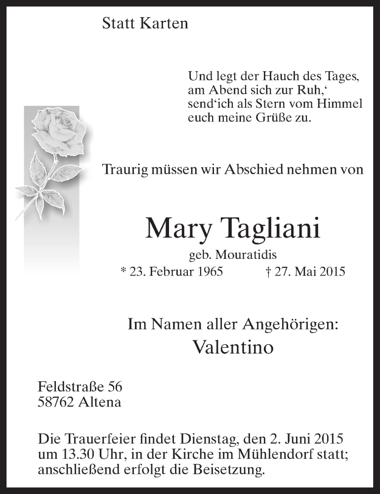  Traueranzeige für Mary Tagliani vom 29.05.2015 aus MZV