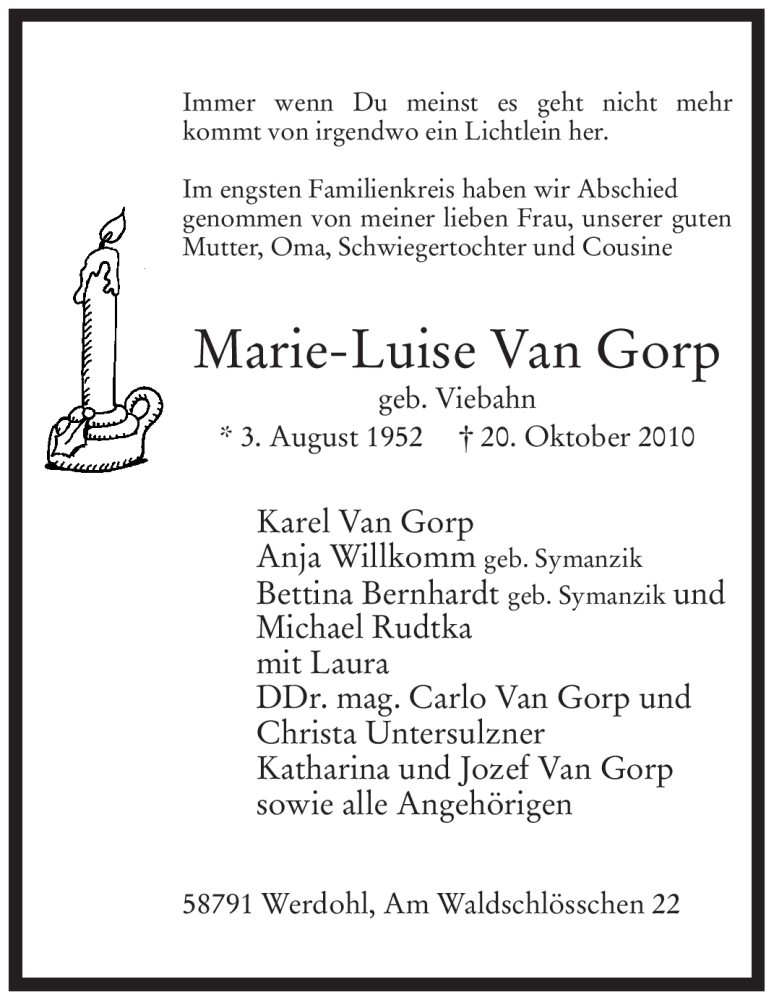  Traueranzeige für Marie-Luise Gorp vom 28.10.2010 aus WESTFÄLISCHER ANZEIGER