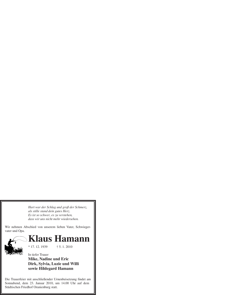  Traueranzeige für Klaus Hamann vom 16.01.2010 aus WESTFÄLISCHER ANZEIGER