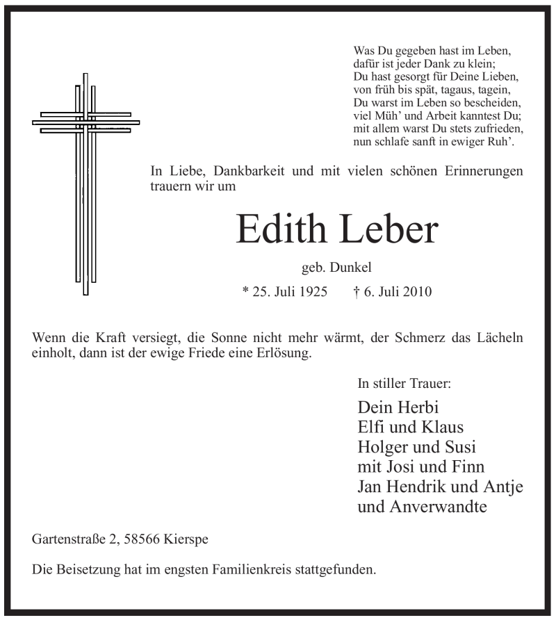  Traueranzeige für Edith Leber vom 17.07.2010 aus WESTFÄLISCHER ANZEIGER