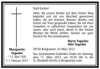 Traueranzeige von Margarete Tegeder von WESTFÄLISCHER ANZEIGER