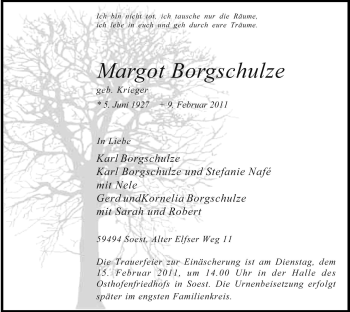 Traueranzeige von Margot Borgschulze von WESTFÄLISCHER ANZEIGER