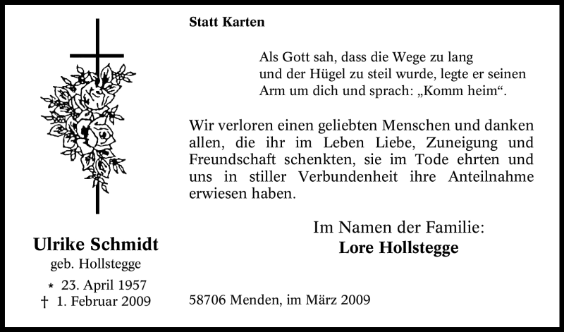  Traueranzeige für Ulrike Schmidt vom 13.03.2009 aus WESTFÄLISCHER ANZEIGER