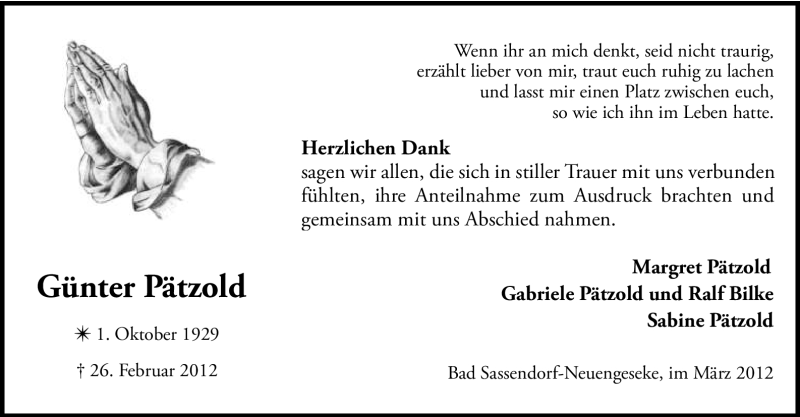  Traueranzeige für Günter Pätzold vom 10.03.2012 aus WESTFÄLISCHER ANZEIGER