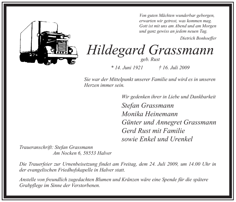  Traueranzeige für Hildegard Grassmann vom 20.07.2009 aus WESTFÄLISCHER ANZEIGER