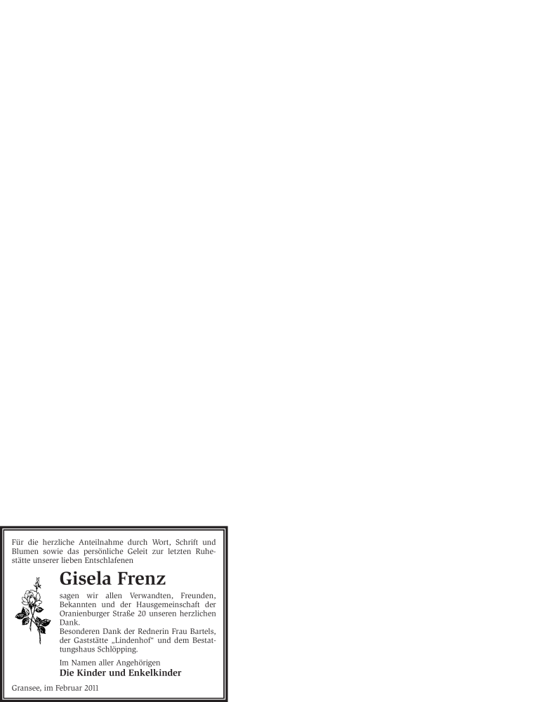  Traueranzeige für Gisela Frenz vom 24.02.2011 aus WESTFÄLISCHER ANZEIGER
