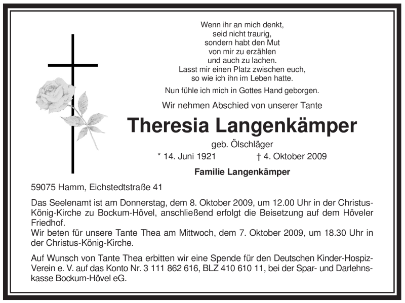  Traueranzeige für Theresia Langenkämper vom 06.10.2009 aus WESTFÄLISCHER ANZEIGER