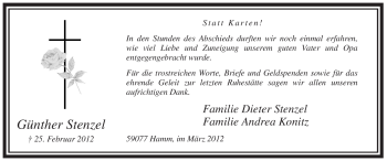 Traueranzeige von Günther Stenzel von WESTFÄLISCHER ANZEIGER