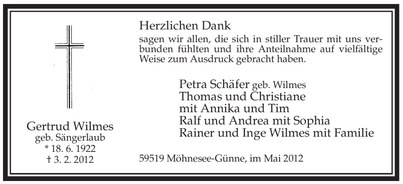  Traueranzeige für Gertrud Wilmes vom 09.05.2012 aus WESTFÄLISCHER ANZEIGER