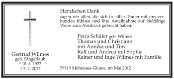 Traueranzeige von Gertrud Wilmes von WESTFÄLISCHER ANZEIGER