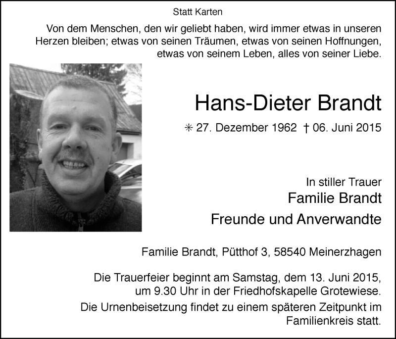  Traueranzeige für Hans-Dieter Brandt vom 10.06.2015 aus MZV