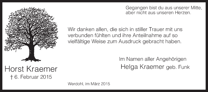 Traueranzeige für Horst Kraemer vom 07.03.2015 aus MZV