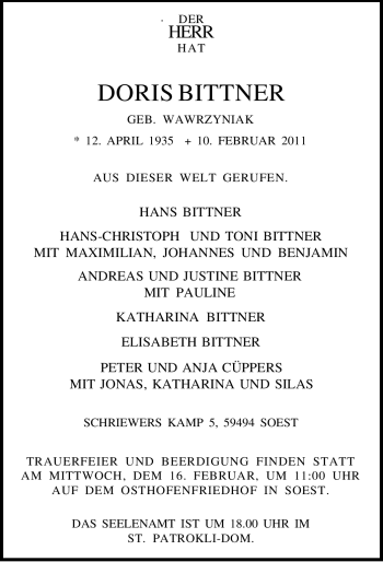 Traueranzeige von Doris Bittner von WESTFÄLISCHER ANZEIGER