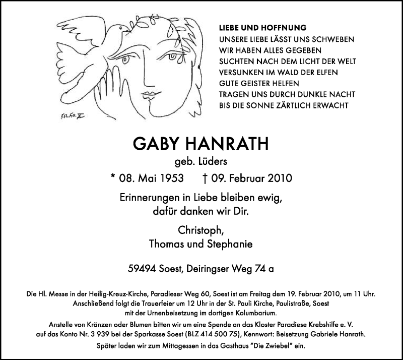  Traueranzeige für Gaby Hanrath vom 17.02.2010 aus WESTFÄLISCHER ANZEIGER