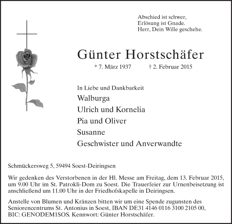  Traueranzeige für Günter Horstschäfer vom 07.02.2015 aus MZV