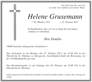 Traueranzeige von Helene Grusemann von WESTFÄLISCHER ANZEIGER