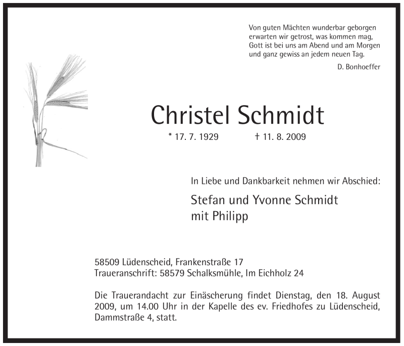  Traueranzeige für Christel Schmidt vom 14.08.2009 aus WESTFÄLISCHER ANZEIGER