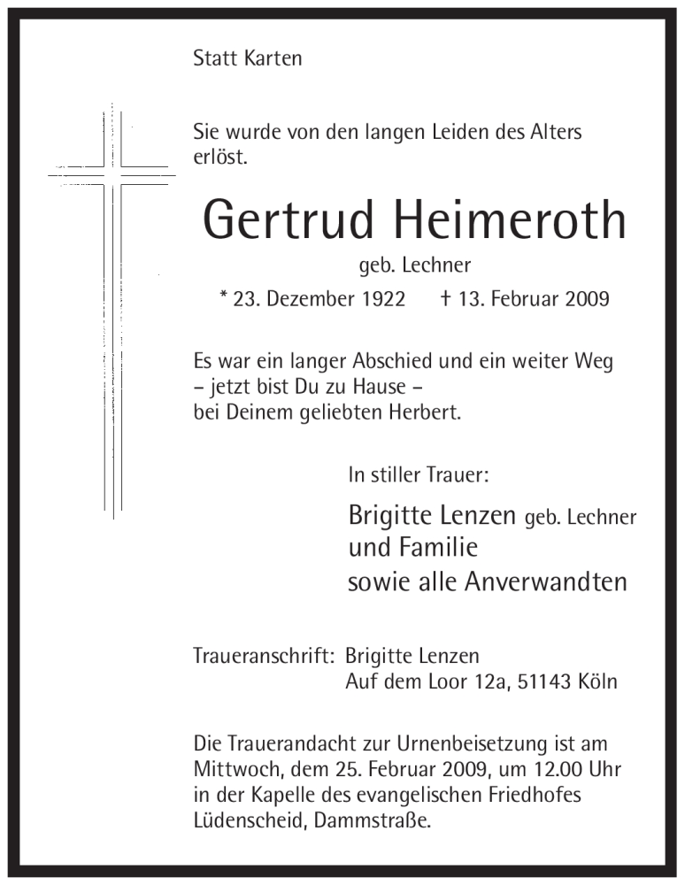  Traueranzeige für Getrud Heimeroth vom 21.02.2009 aus WESTFÄLISCHER ANZEIGER