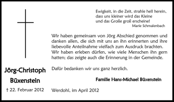 Traueranzeige von Jörg-Christoph Büxenstein von WESTFÄLISCHER ANZEIGER