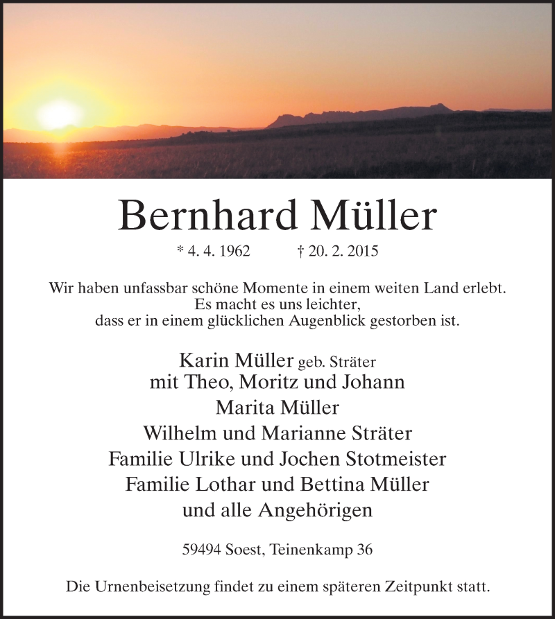 Traueranzeige für Bernhard Müller vom 28.02.2015 aus MZV