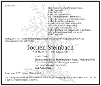 Traueranzeige von Jochen Steinbach von WESTFÄLISCHER ANZEIGER