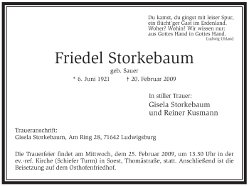 Traueranzeige von Friedel Storkebaum von WESTFÄLISCHER ANZEIGER