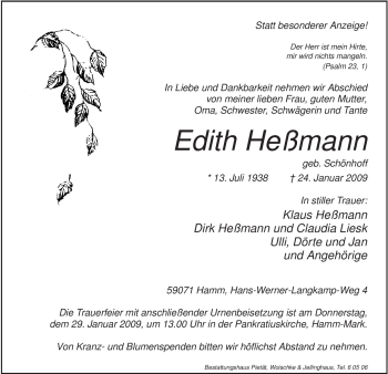 Traueranzeige von Edith Heßmann von WESTFÄLISCHER ANZEIGER